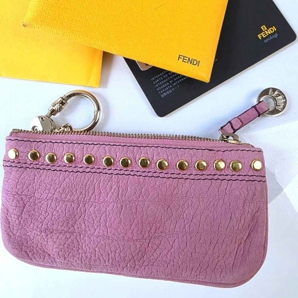 Fendi Coin Purse Pouch OS Pink Excellent Studded Leather Key Cles Gold Hardware